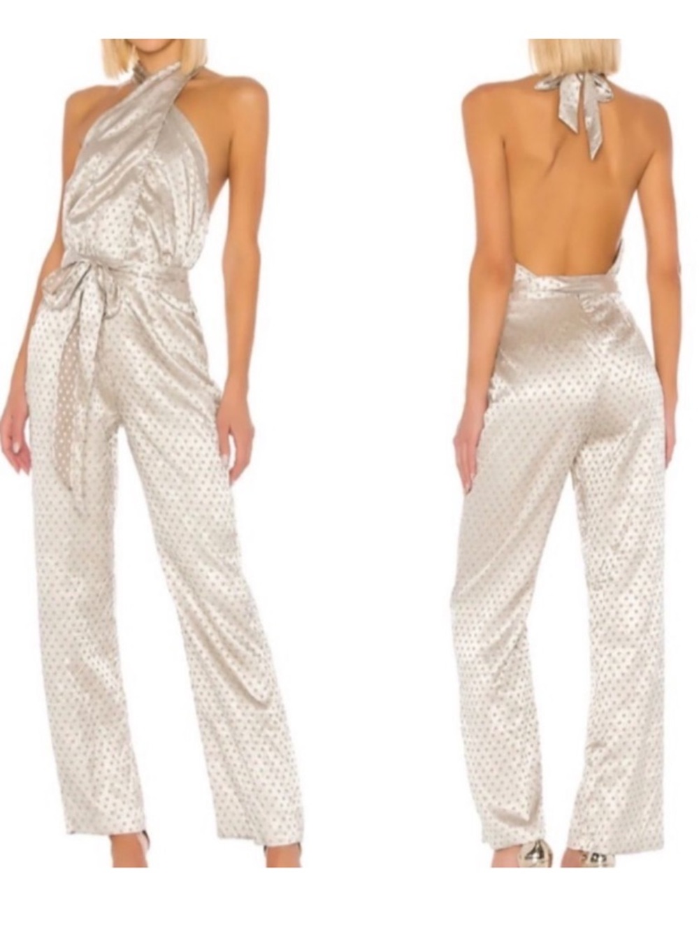LPA Jumpsuit Open Back Halter Wide Leg Crinkle Swiss Dot Metallic Size S NEW